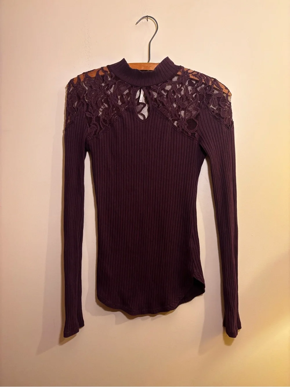 Free People Plum Lace-Collar Yoke Ribbed Long Sleeve Top